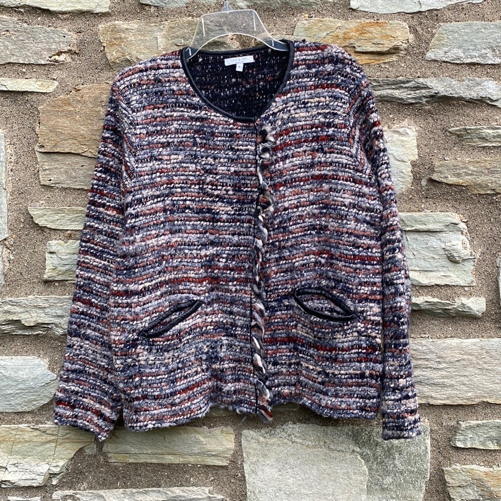 Gio & Gio Made in Italy Wool Blend Taupe Multi color Fringe One Button Cardigan